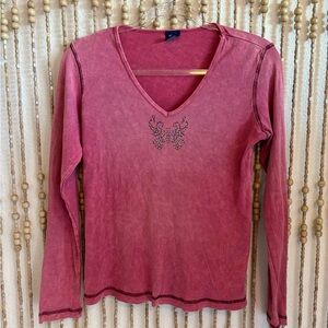 High Sierra Pink Ombré 90s Butterfly Embellished Y2K 2000s v Neck Long Sleeve